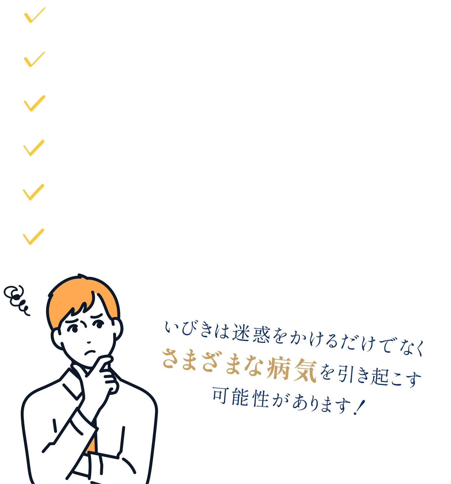 いびきがうるさいと言われる・自分のいびきで起きる・寝起きが悪い・寝ても疲れが取れない・肥満といびきが気になるようになった・パートナーから指摘された事がある