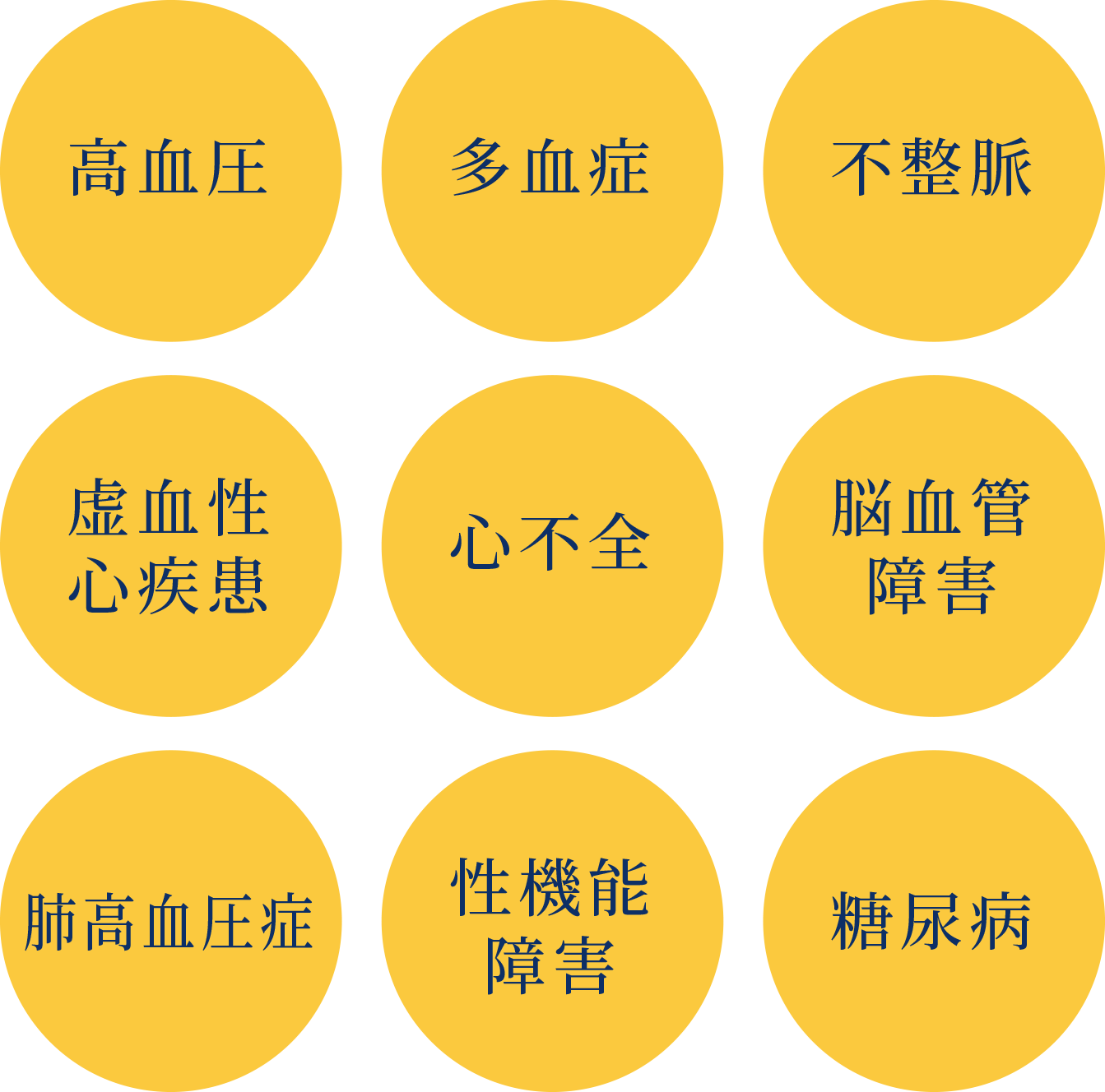 高血圧・多血症・不整脈・虚血性心疾患・心不全・脳幹障害・肺高血圧症・性機能障害・糖尿病